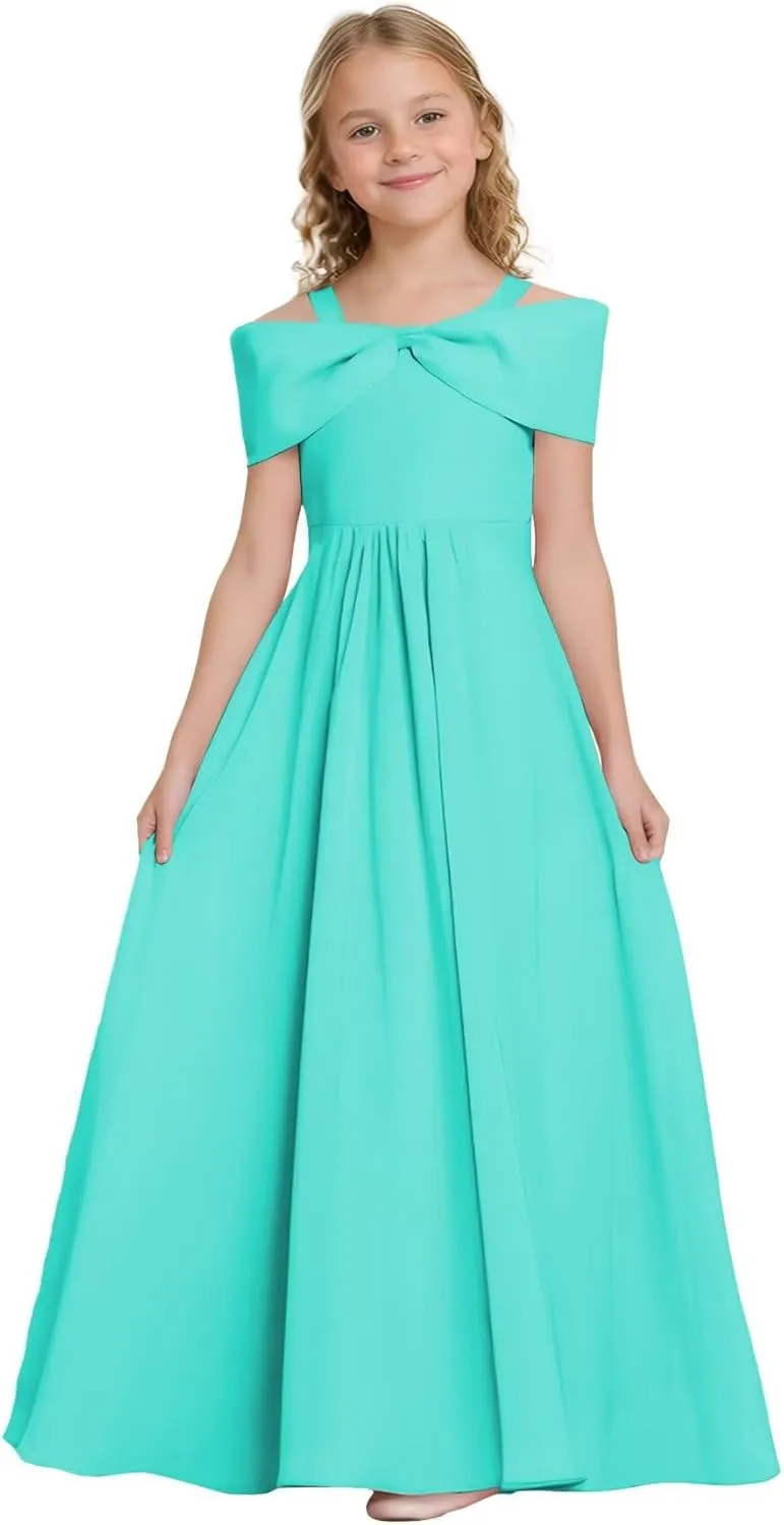 Off The Shoulder Junior Bridesmaid Dresses Chiffon Flower Girl Dress with Bow Pageant Gown