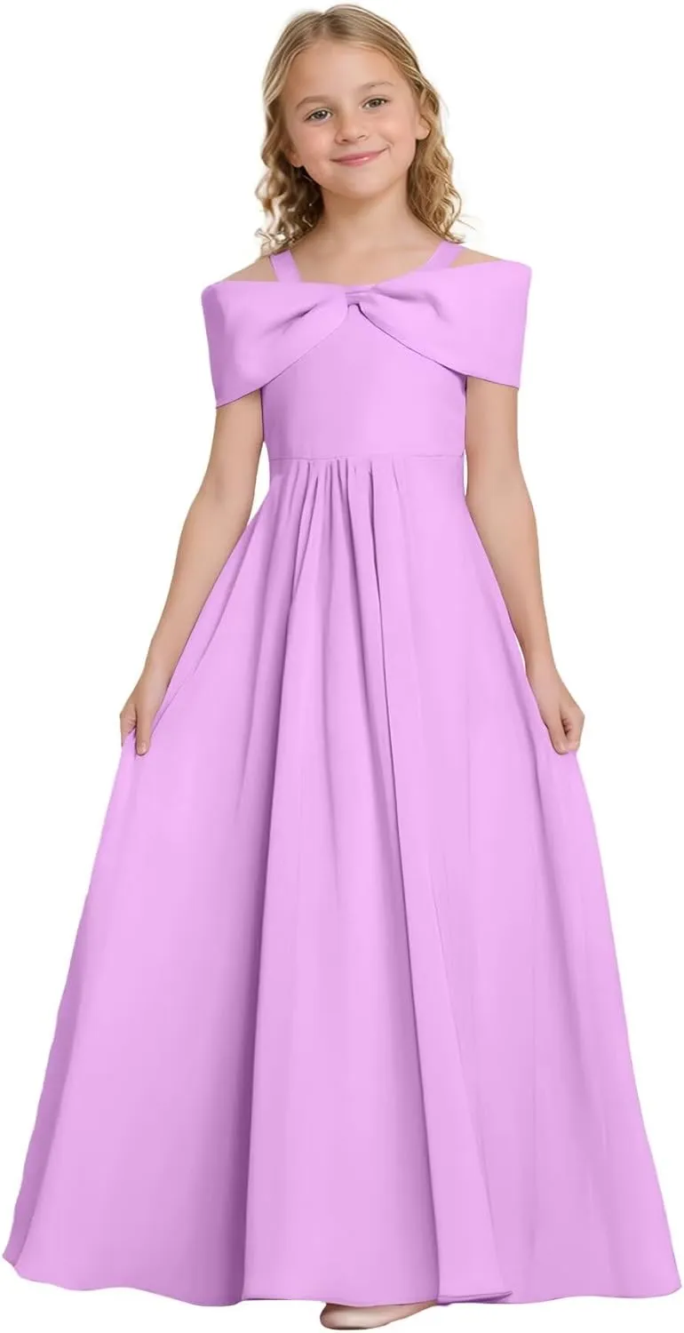 Off The Shoulder Junior Bridesmaid Dresses Chiffon Flower Girl Dress with Bow Pageant Gown