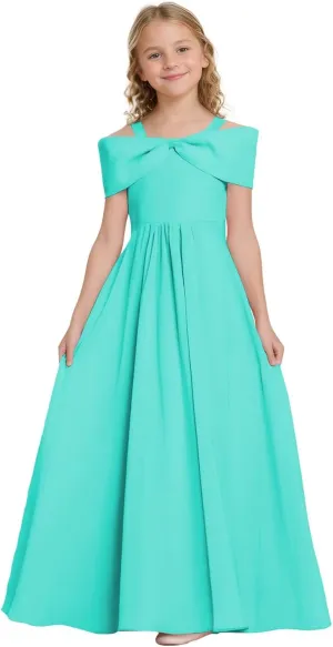 Off The Shoulder Junior Bridesmaid Dresses Chiffon Flower Girl Dress with Bow Pageant Gown