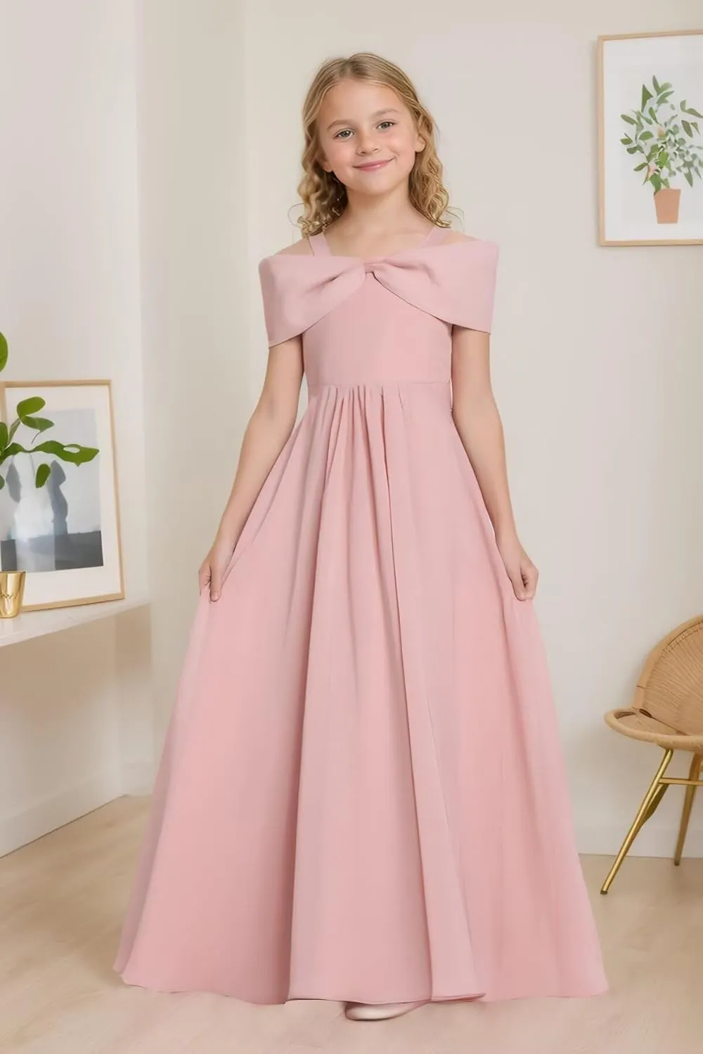 Off The Shoulder Junior Bridesmaid Dresses Chiffon Flower Girl Dress with Bow Pageant Gown