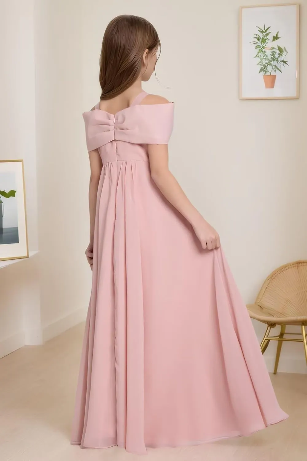 Off The Shoulder Junior Bridesmaid Dresses Chiffon Flower Girl Dress with Bow Pageant Gown
