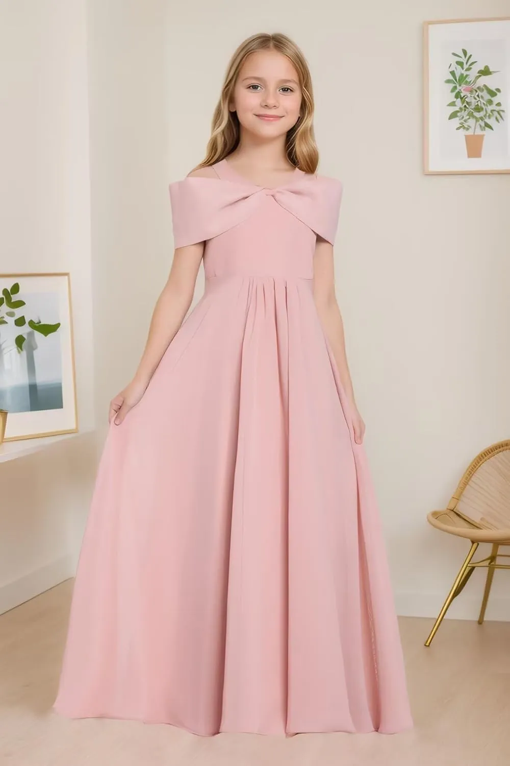 Off The Shoulder Junior Bridesmaid Dresses Chiffon Flower Girl Dress with Bow Pageant Gown