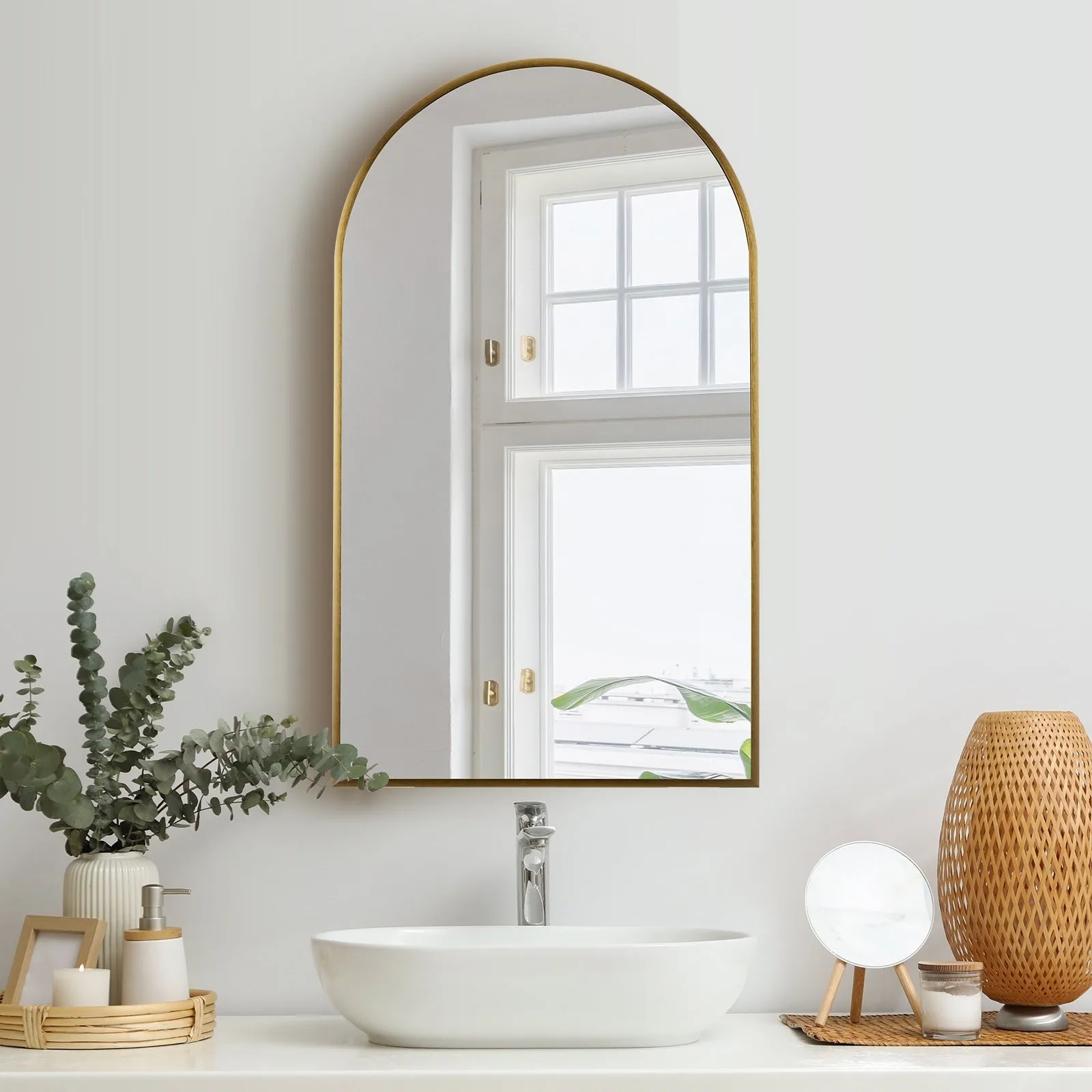 Oikiture Wall Mirrors 86x50cm Arched Makeup Mirror Bathroom Home Decor Gold