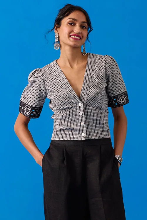 Okhai "Pasapali" Hand-Embroidery and Mirror Work Ikkat Pure Cotton Top