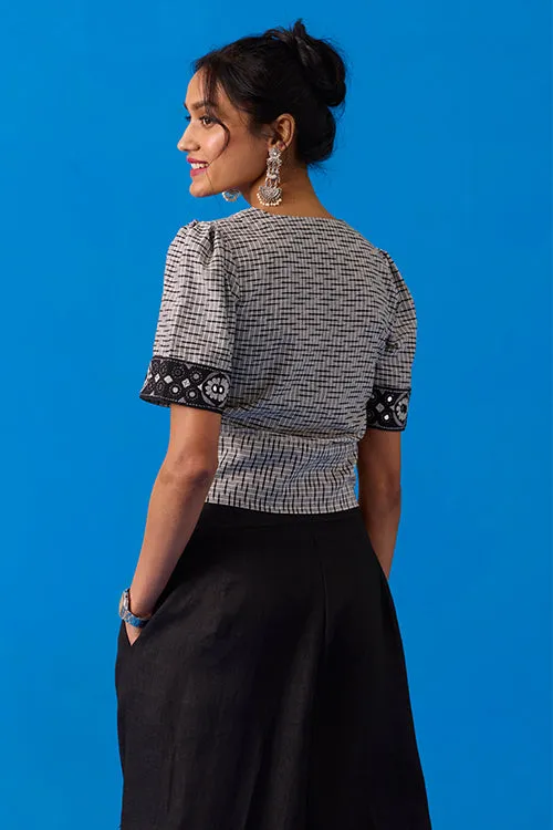 Okhai "Pasapali" Hand-Embroidery and Mirror Work Ikkat Pure Cotton Top