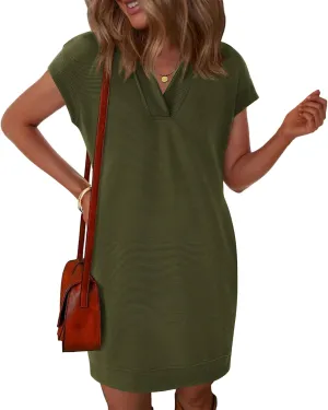 Okiwam Women's Spring Summer Dresses 2025 Casual Short Sleeve V-Neck T-Shirt Mini Vacation Sun Dresses with Pockets