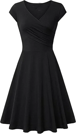 OMZIN Women's Elegant V-Neck Dress Short Sleeve Solid Color Runway Evening Dress