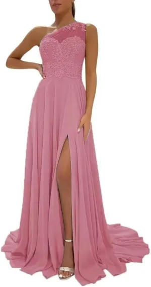 One Shoulder Chiffon Prom Dress 2024 Laces Appliques A-Line Formal Evening Dress for Women with Split