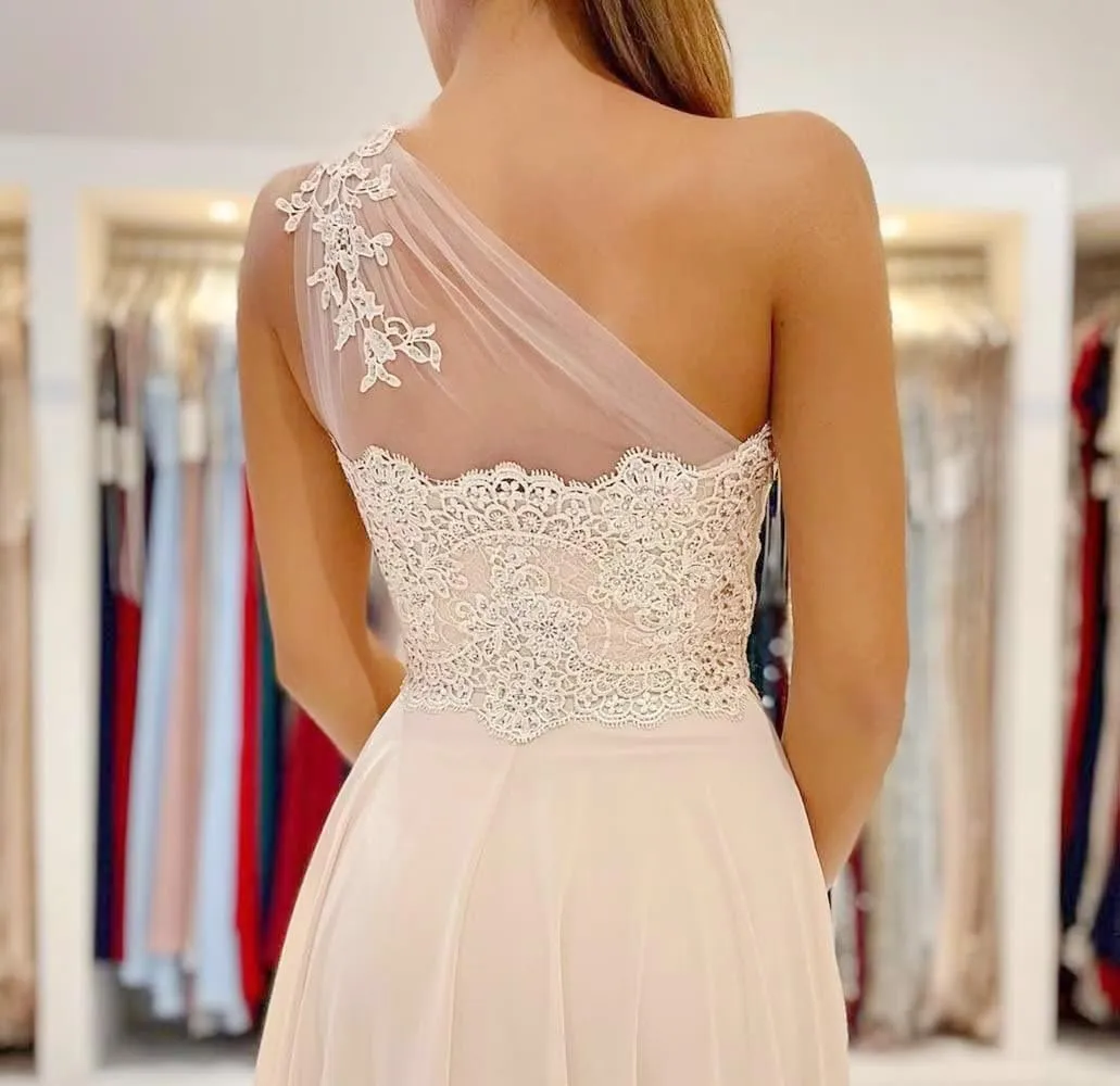 One Shoulder Prom Dresses Sleeveless Formal Dresses Side Split Evening Dresses Chiffon Party Dresses 2024 Lace Illusion Back