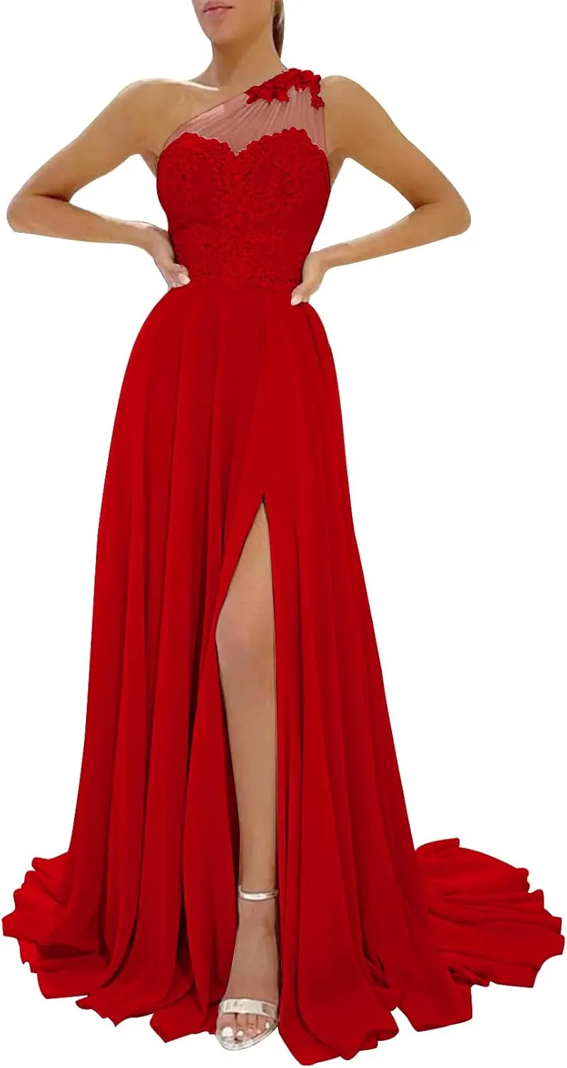 One Shoulder Prom Dresses Sleeveless Formal Dresses Side Split Evening Dresses Chiffon Party Dresses 2024 Lace Illusion Back
