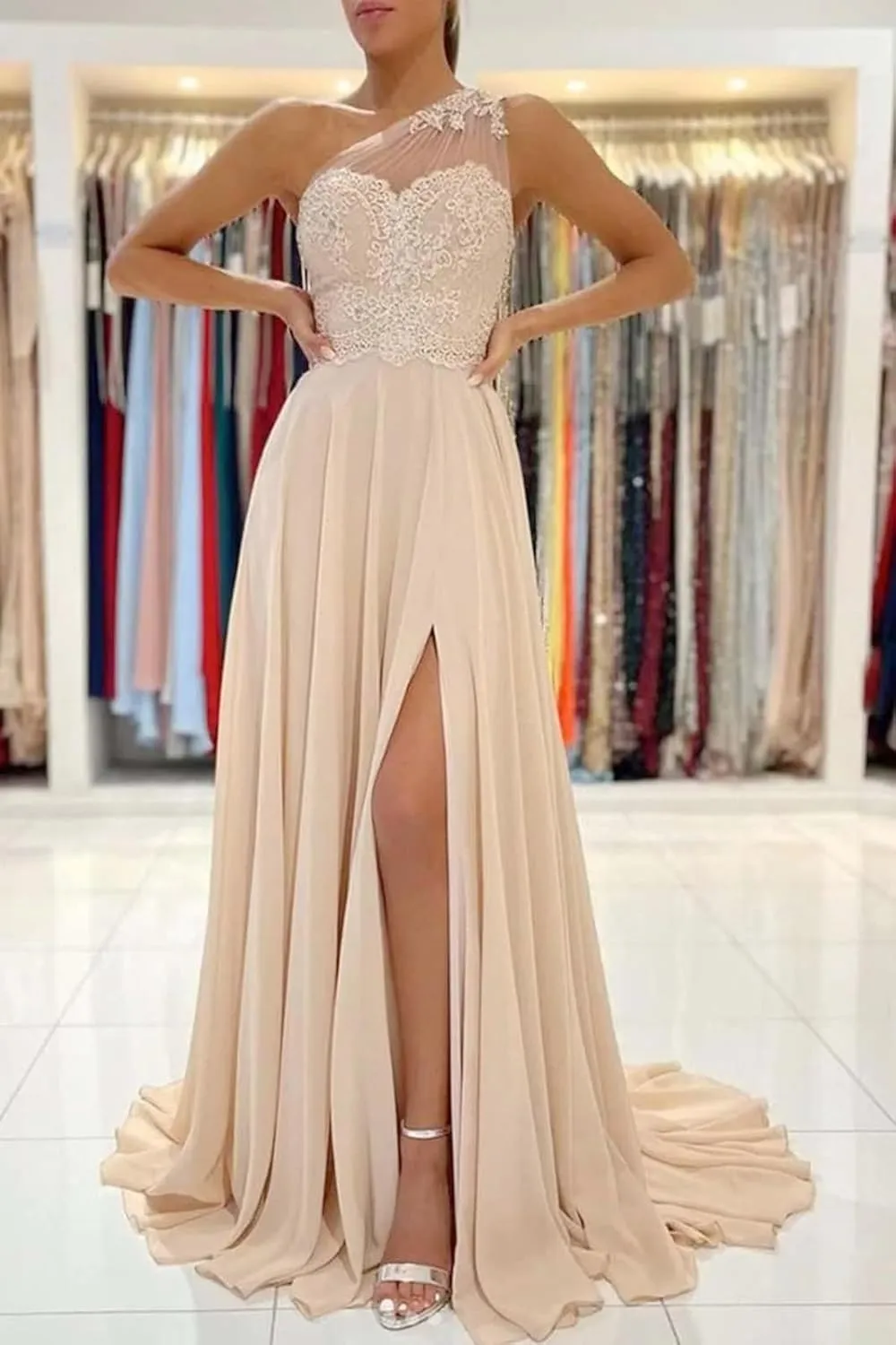 One Shoulder Prom Dresses Sleeveless Formal Dresses Side Split Evening Dresses Chiffon Party Dresses 2024 Lace Illusion Back