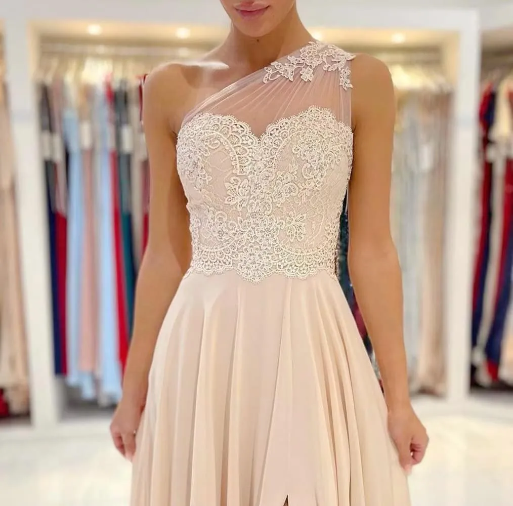 One Shoulder Prom Dresses Sleeveless Formal Dresses Side Split Evening Dresses Chiffon Party Dresses 2024 Lace Illusion Back