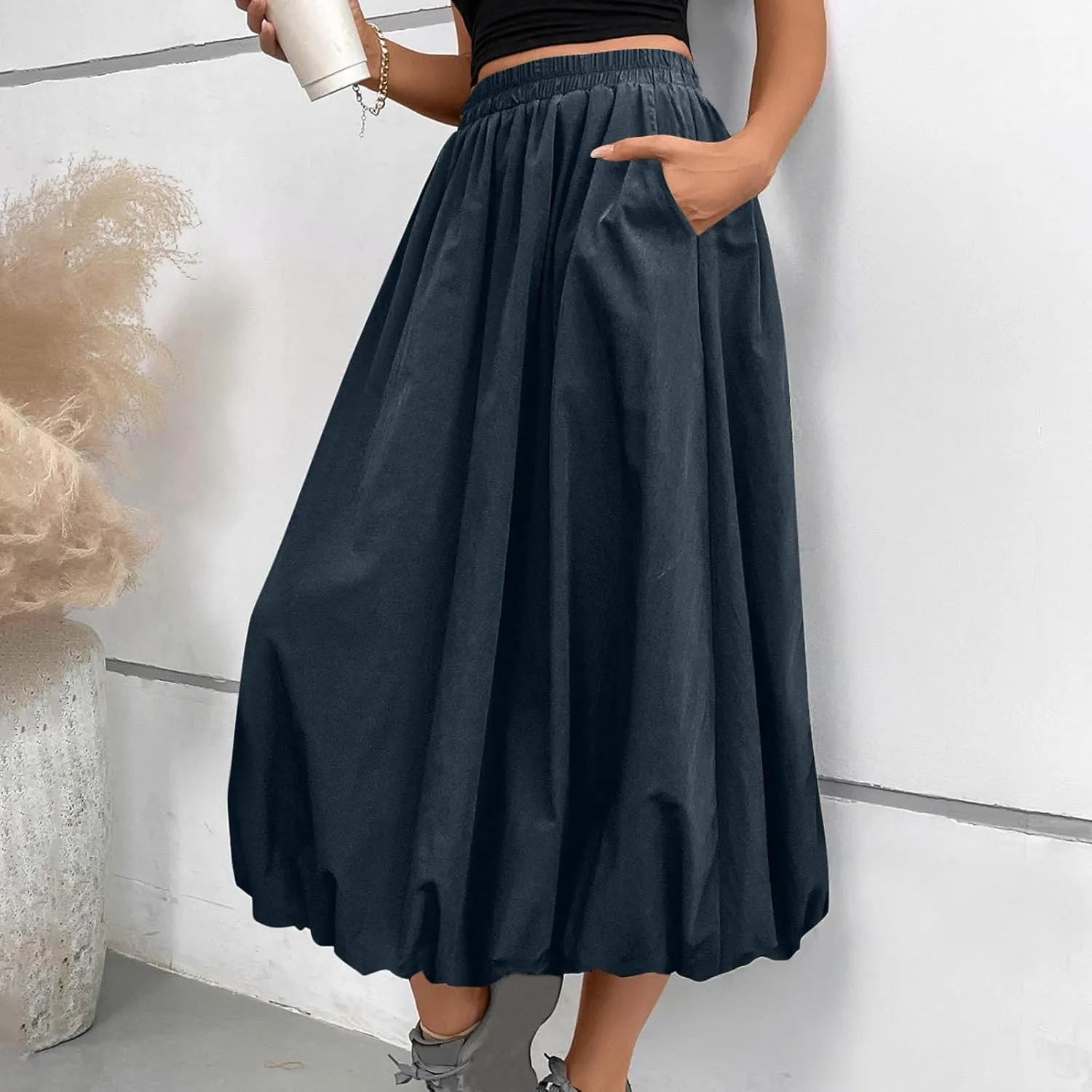 Oplxuo Women Bubble Maxi Skirt Elastic High Waisted Flowy A Line Long Puff Skirts Ruffle Hem Balloon Skirts with Pockets