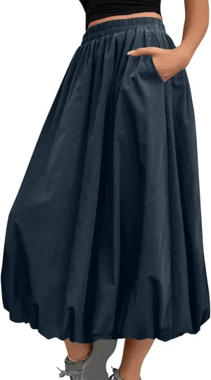 Oplxuo Women Bubble Maxi Skirt Elastic High Waisted Flowy A Line Long Puff Skirts Ruffle Hem Balloon Skirts with Pockets