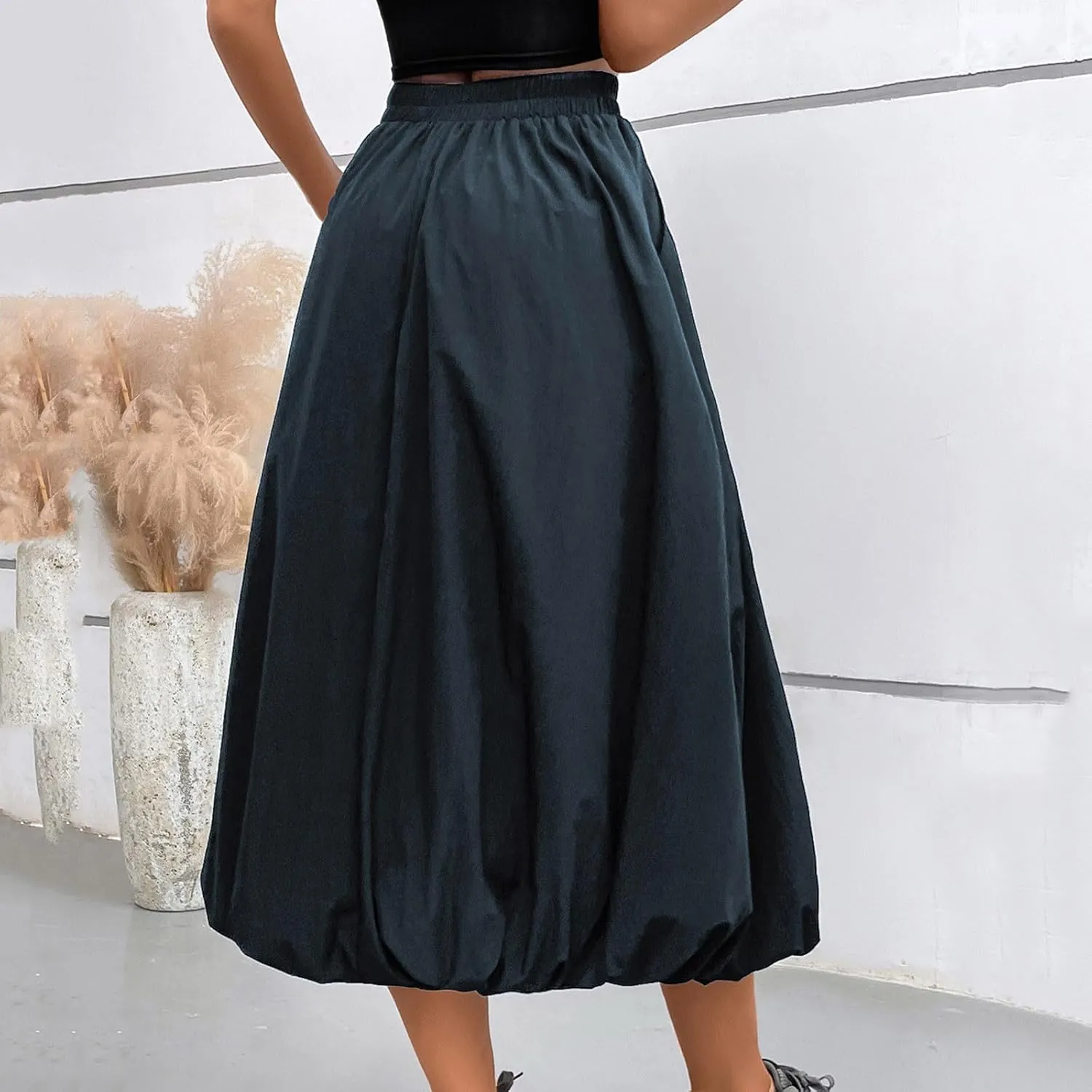 Oplxuo Women Bubble Maxi Skirt Elastic High Waisted Flowy A Line Long Puff Skirts Ruffle Hem Balloon Skirts with Pockets