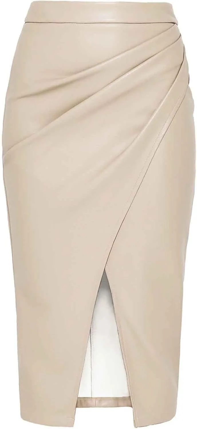 Oplxuo Women's Faux Leather Midi Skirts High Waisted Front Slit Zip Back Ruched Bodycon Party Club Long Skirt