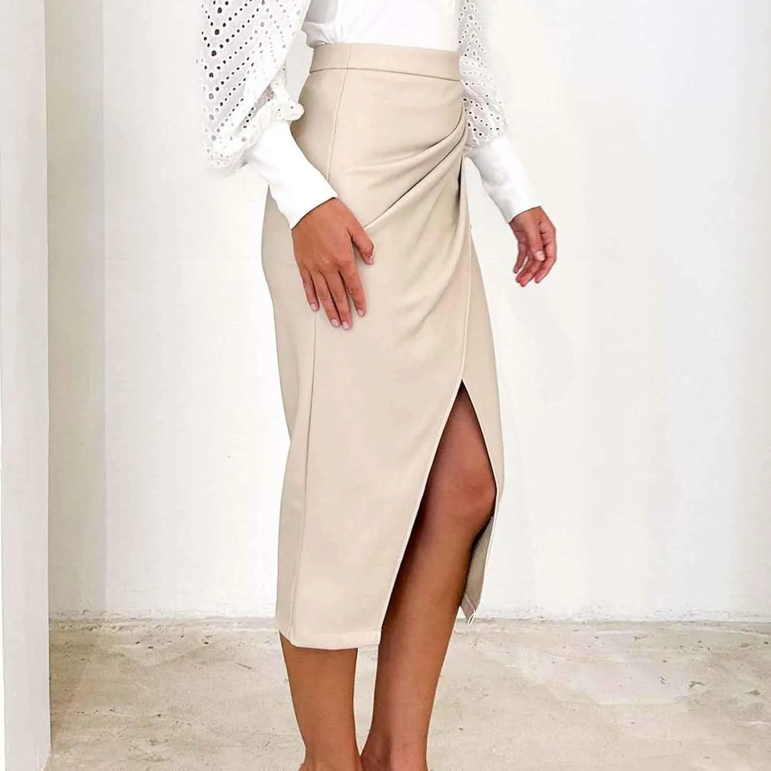 Oplxuo Women's Faux Leather Midi Skirts High Waisted Front Slit Zip Back Ruched Bodycon Party Club Long Skirt