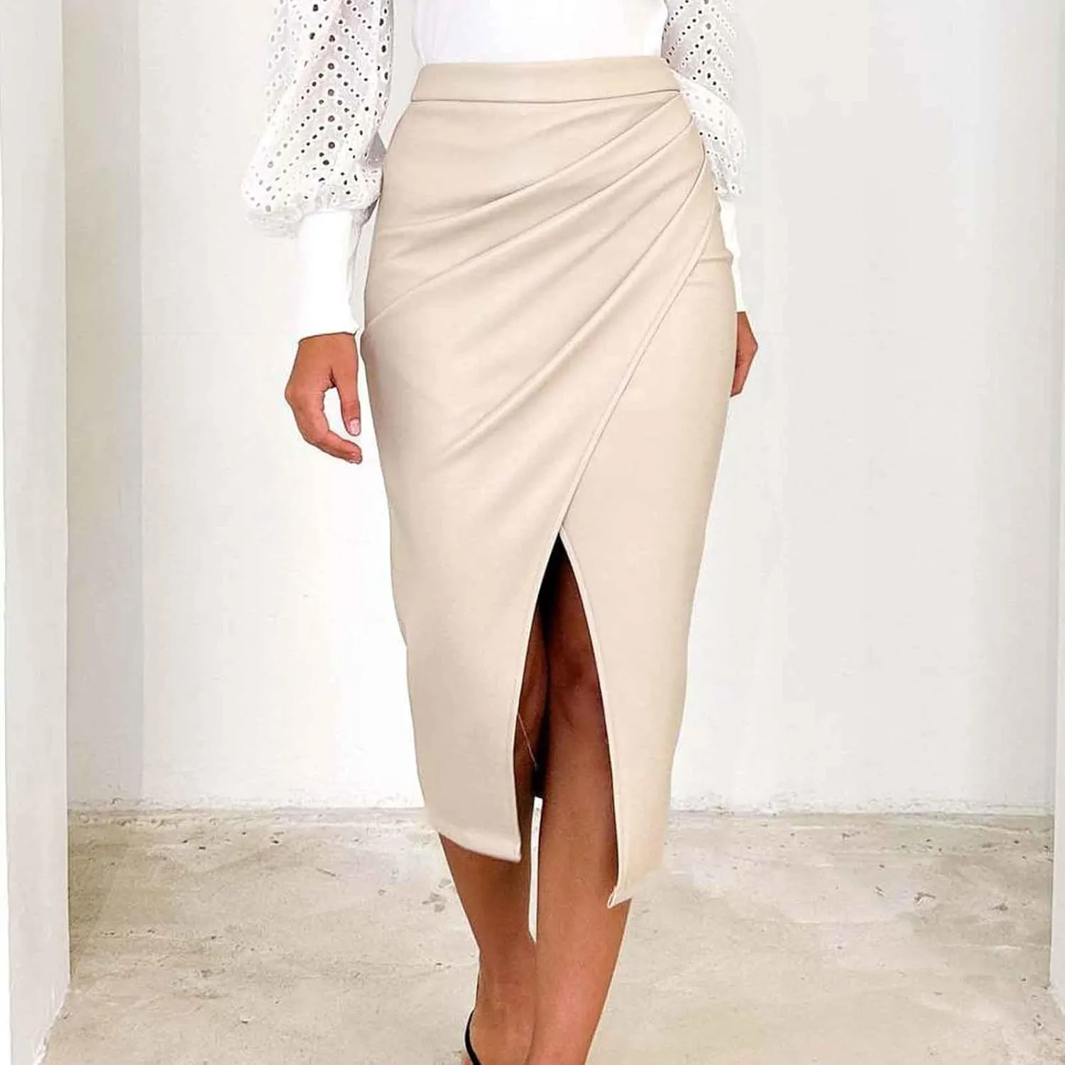 Oplxuo Women's Faux Leather Midi Skirts High Waisted Front Slit Zip Back Ruched Bodycon Party Club Long Skirt