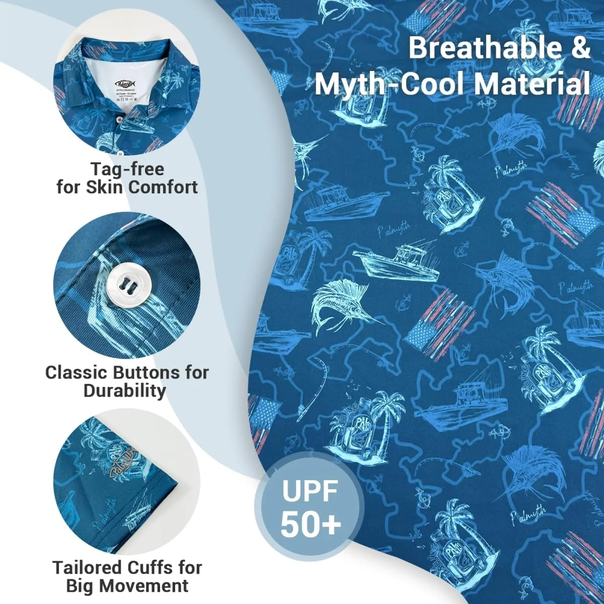 Palmyth Fishing Shirts for Men Polo Dry Fit Short Sleeve UPF 50  Moisture Wicking Print Collared Fishing Polo Shirts