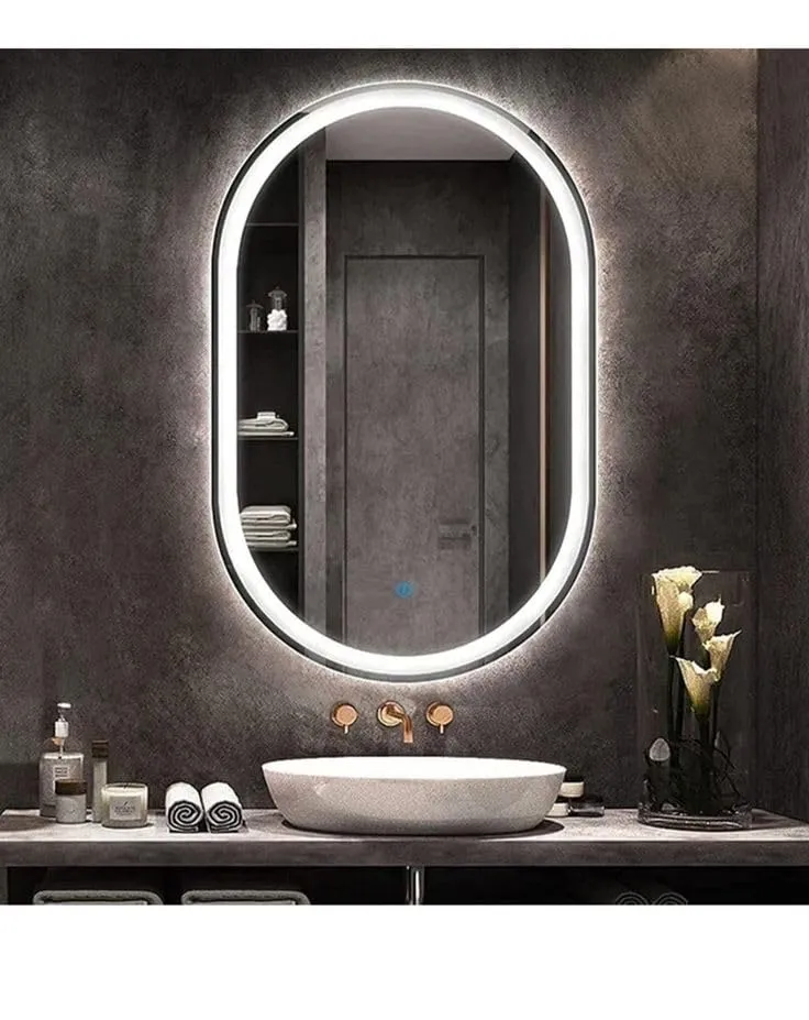 PLAZZIO Capsule Glass Wall Mounted Mirror with Touch Sensor and 3 Led Lights (White, Warm, Natural White) Oval Mirror for Bathroom, Wash Basin (18x24 Inch)