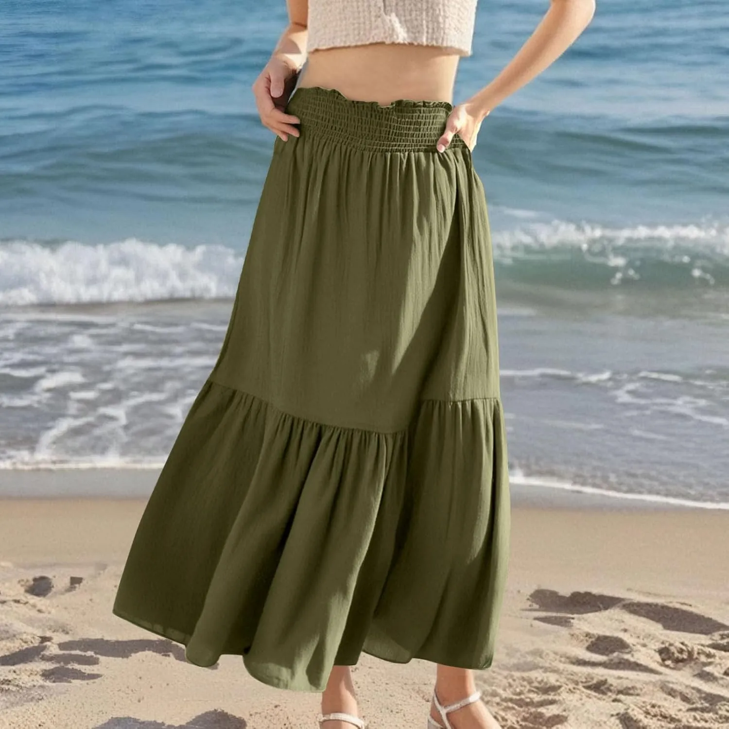 Pleated Long Skirts for Women Summer Casual Beach Vacation Elastic High Waisted Skirts A-Line Flowy Swing Maxi Skirt