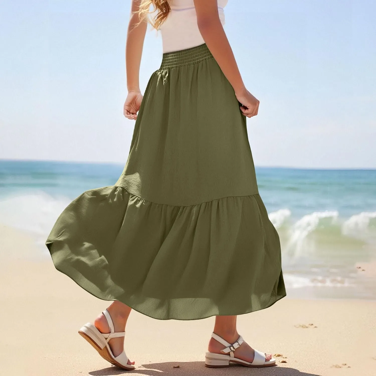 Pleated Long Skirts for Women Summer Casual Beach Vacation Elastic High Waisted Skirts A-Line Flowy Swing Maxi Skirt