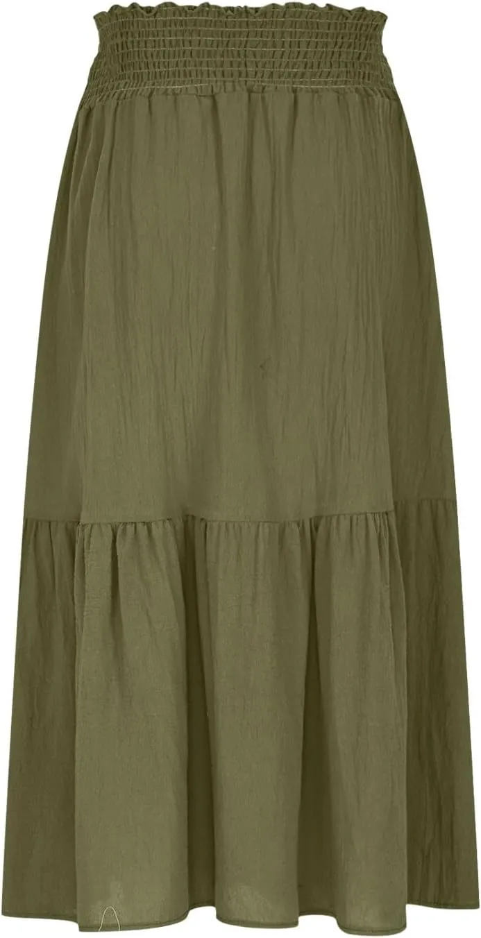 Pleated Long Skirts for Women Summer Casual Beach Vacation Elastic High Waisted Skirts A-Line Flowy Swing Maxi Skirt