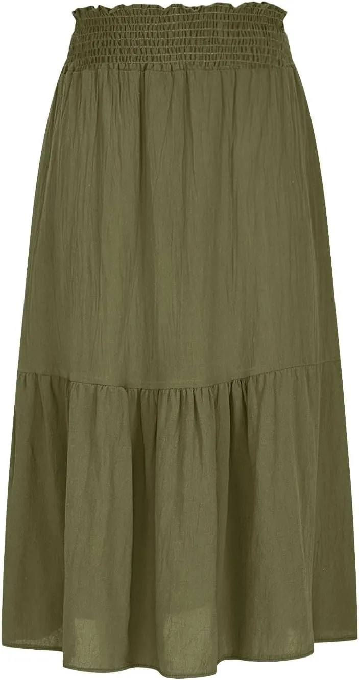 Pleated Long Skirts for Women Summer Casual Beach Vacation Elastic High Waisted Skirts A-Line Flowy Swing Maxi Skirt
