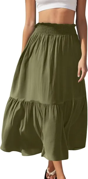 Pleated Long Skirts for Women Summer Casual Beach Vacation Elastic High Waisted Skirts A-Line Flowy Swing Maxi Skirt