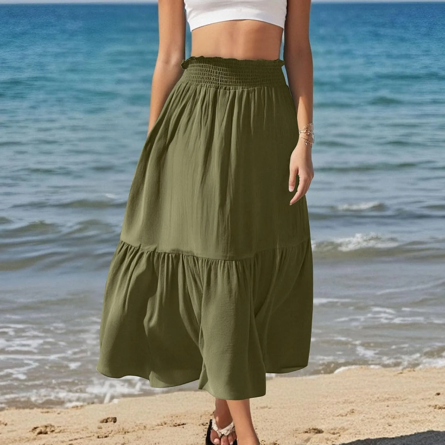 Pleated Long Skirts for Women Summer Casual Beach Vacation Elastic High Waisted Skirts A-Line Flowy Swing Maxi Skirt