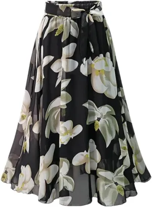 Plus Size Floral Skirt Women Loose Elastic High Waist Chiffon Midi Skirts Lace