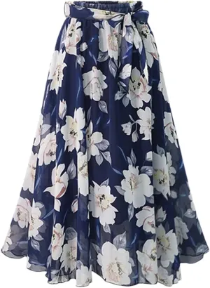 Plus Size Floral Skirt Women Loose Elastic High Waist Chiffon Midi Skirts Lace