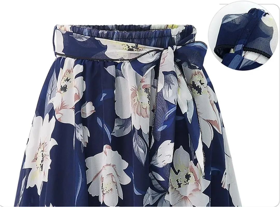 Plus Size Floral Skirt Women Loose Elastic High Waist Chiffon Midi Skirts Lace