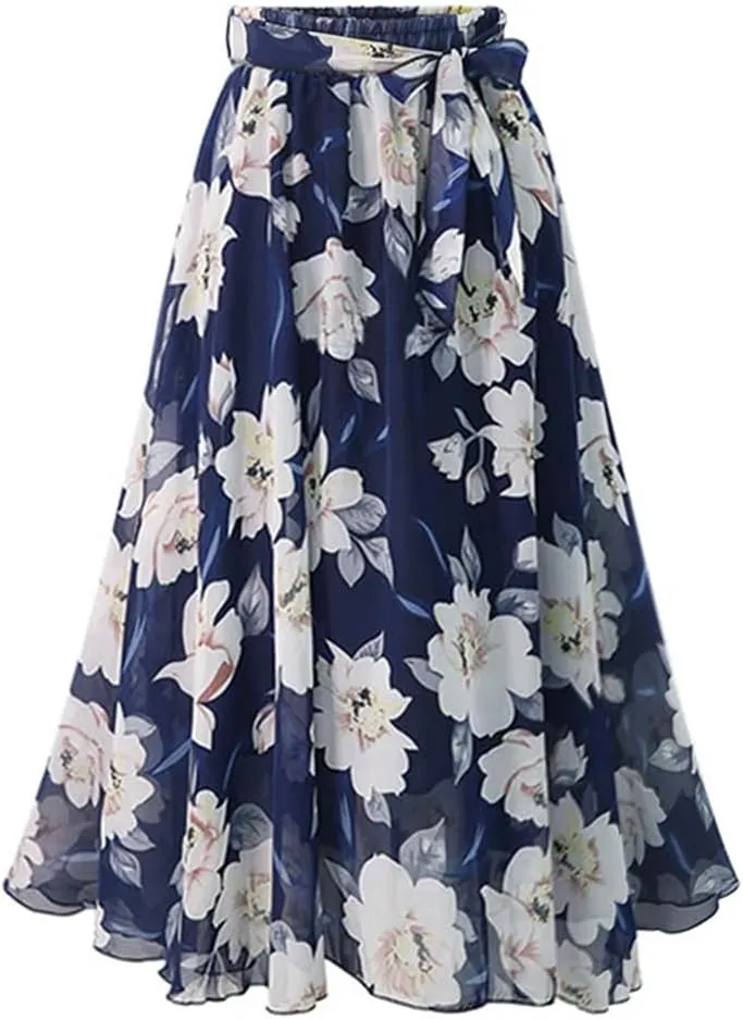 Plus Size Floral Skirt Women Loose Elastic High Waist Chiffon Midi Skirts Lace