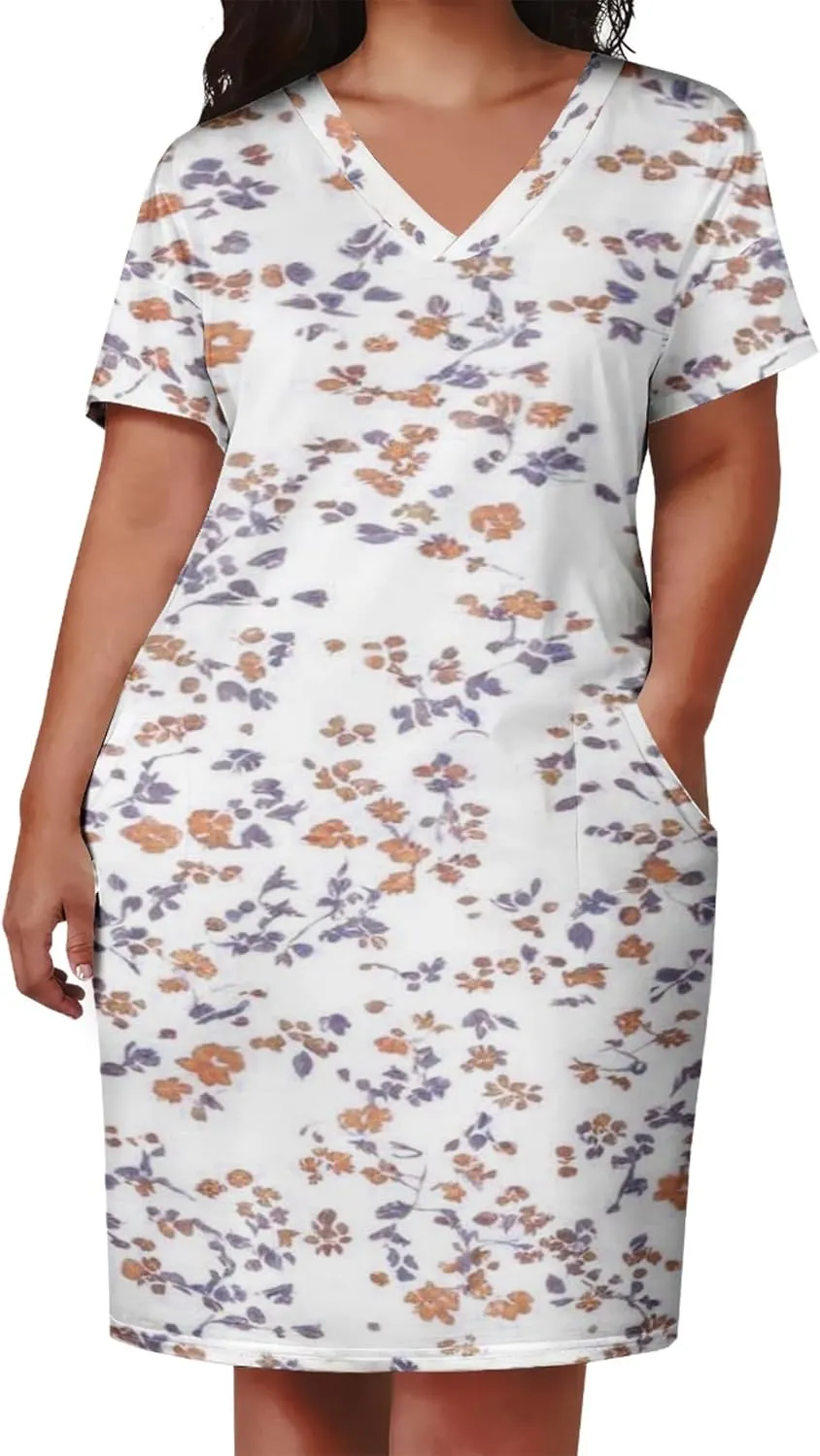 Plus Size Printed Tie-Dye Short Skirt for Curvy Women V Neck Bohemian Style Printed Short Skirt Short Sleeves Pockets