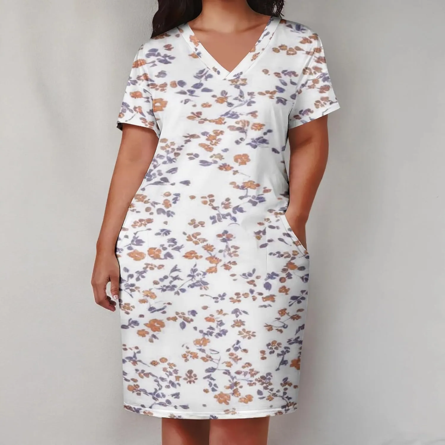 Plus Size Printed Tie-Dye Short Skirt for Curvy Women V Neck Bohemian Style Printed Short Skirt Short Sleeves Pockets
