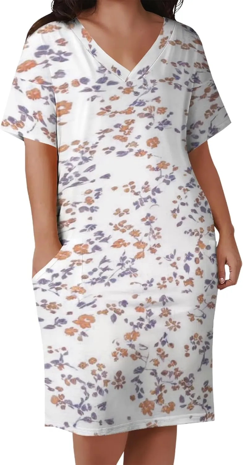 Plus Size Printed Tie-Dye Short Skirt for Curvy Women V Neck Bohemian Style Printed Short Skirt Short Sleeves Pockets