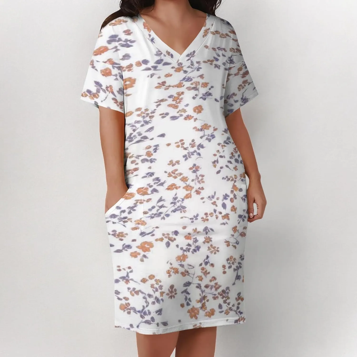 Plus Size Printed Tie-Dye Short Skirt for Curvy Women V Neck Bohemian Style Printed Short Skirt Short Sleeves Pockets