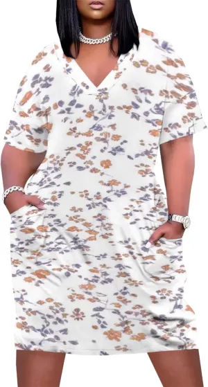 Plus Size Printed Tie-Dye Short Skirt for Curvy Women V Neck Bohemian Style Printed Short Skirt Short Sleeves Pockets