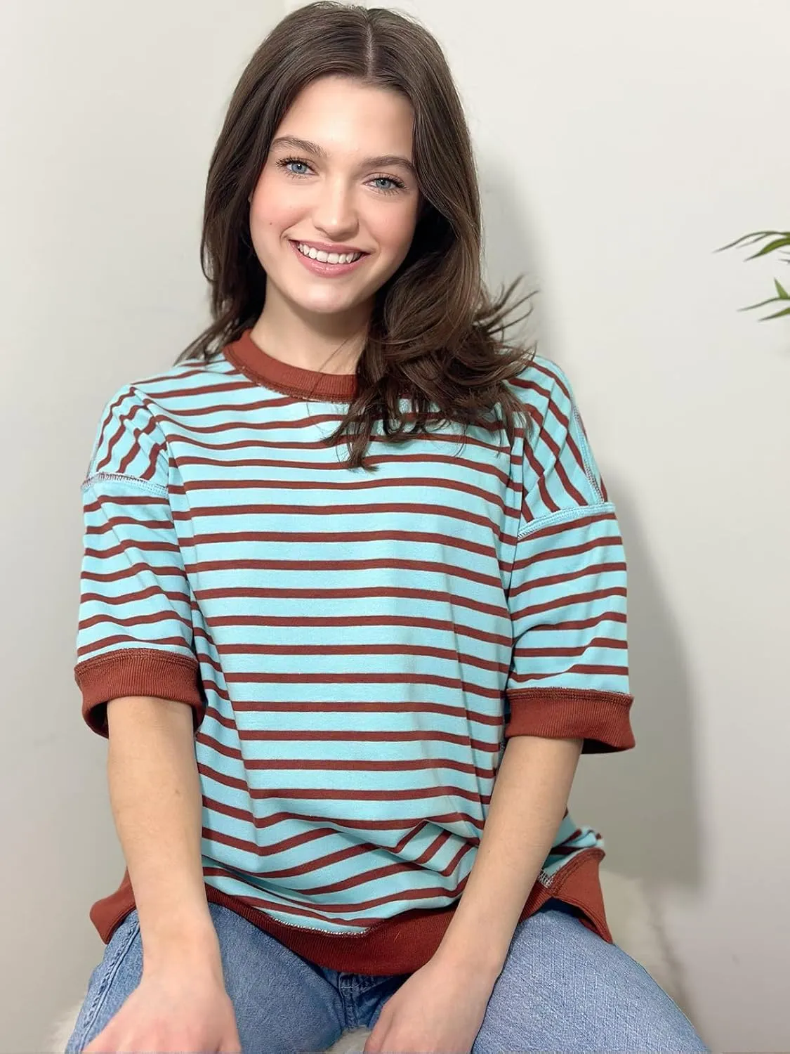 Poetsky Womens Oversized Tops Casual Short Sleeve Striped Shirts Summer Crewneck Pullover Sweatshirt Loose Blouses