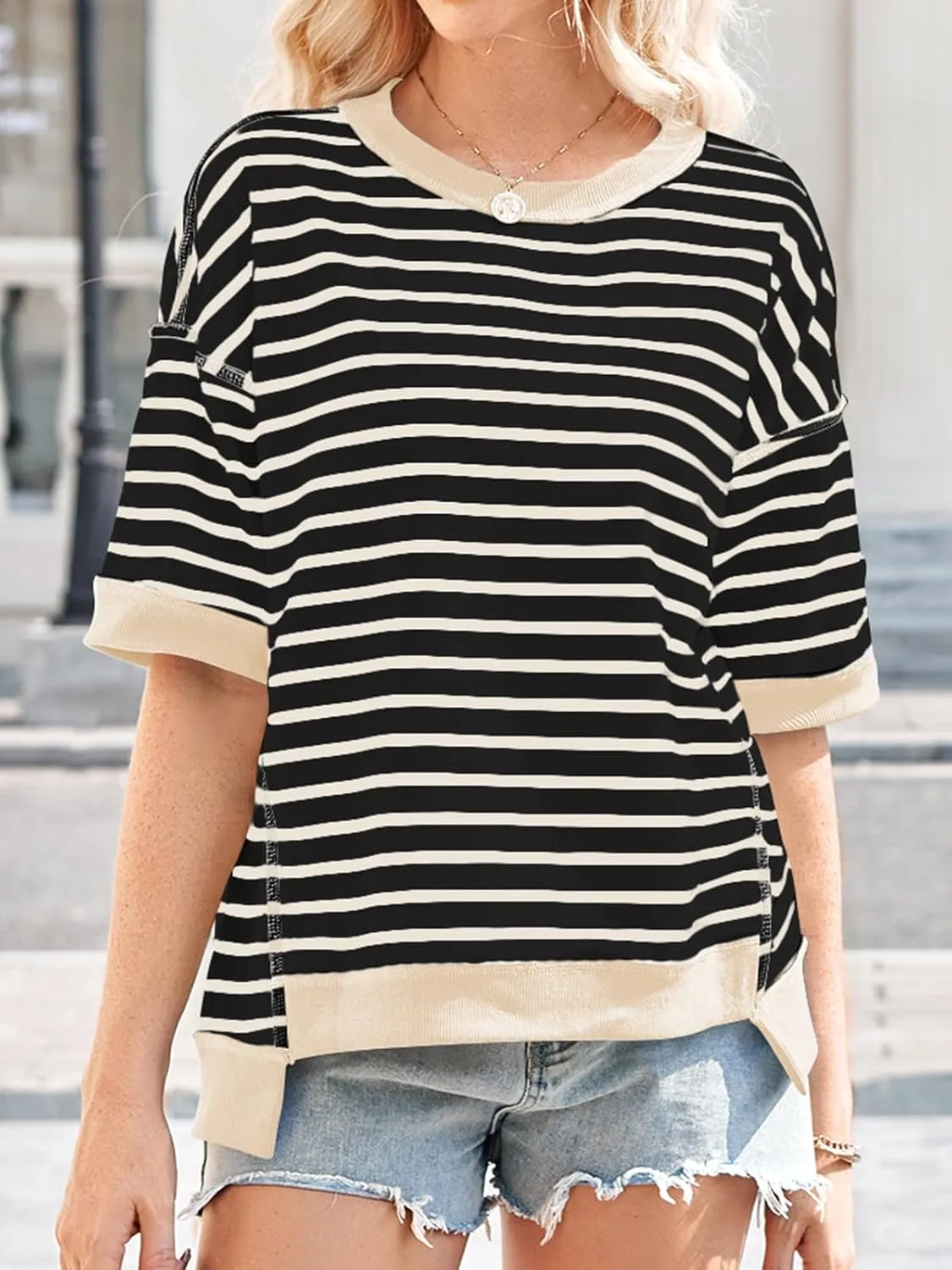 Poetsky Womens Oversized Tops Casual Short Sleeve Striped Shirts Summer Crewneck Pullover Sweatshirt Loose Blouses