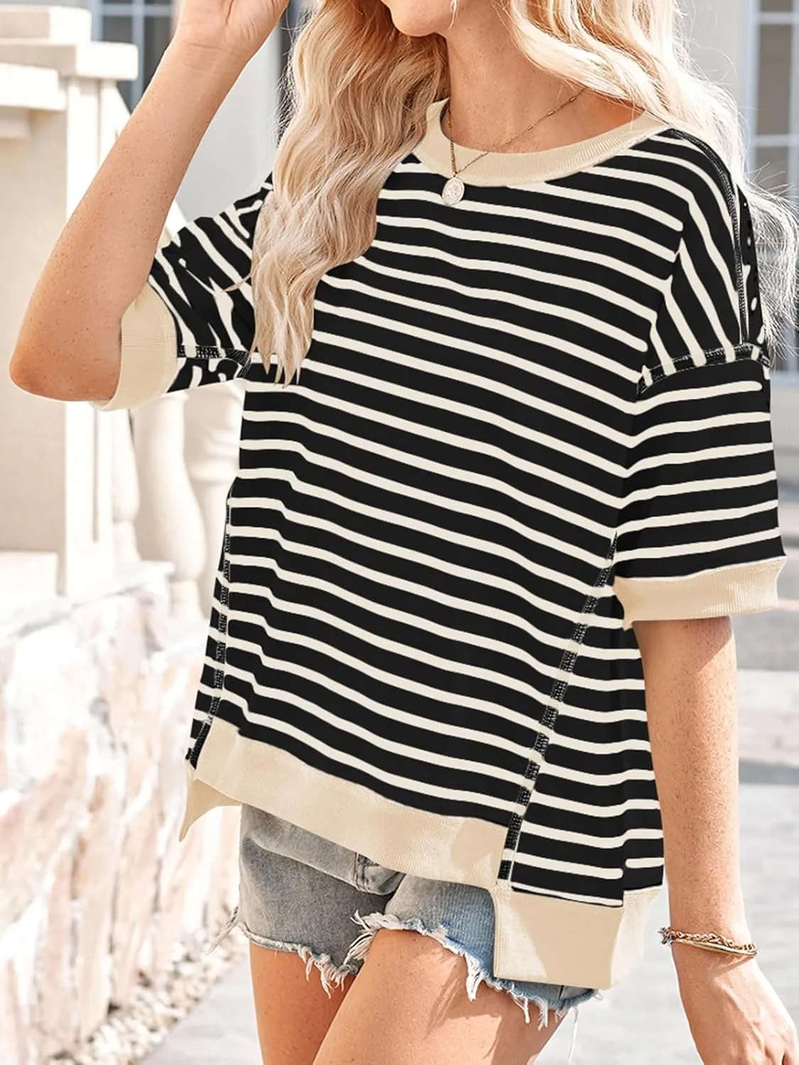 Poetsky Womens Oversized Tops Casual Short Sleeve Striped Shirts Summer Crewneck Pullover Sweatshirt Loose Blouses