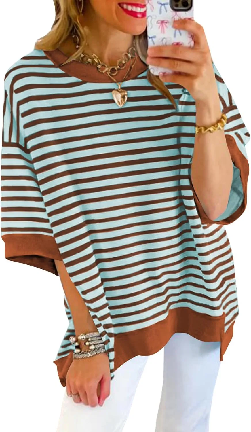 Poetsky Womens Oversized Tops Casual Short Sleeve Striped Shirts Summer Crewneck Pullover Sweatshirt Loose Blouses