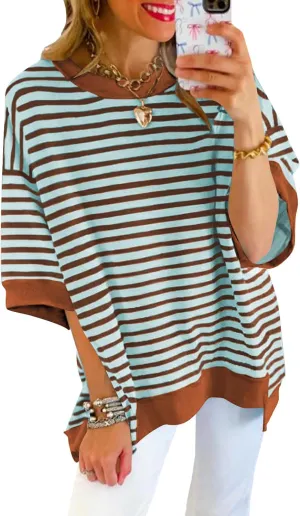 Poetsky Womens Oversized Tops Casual Short Sleeve Striped Shirts Summer Crewneck Pullover Sweatshirt Loose Blouses