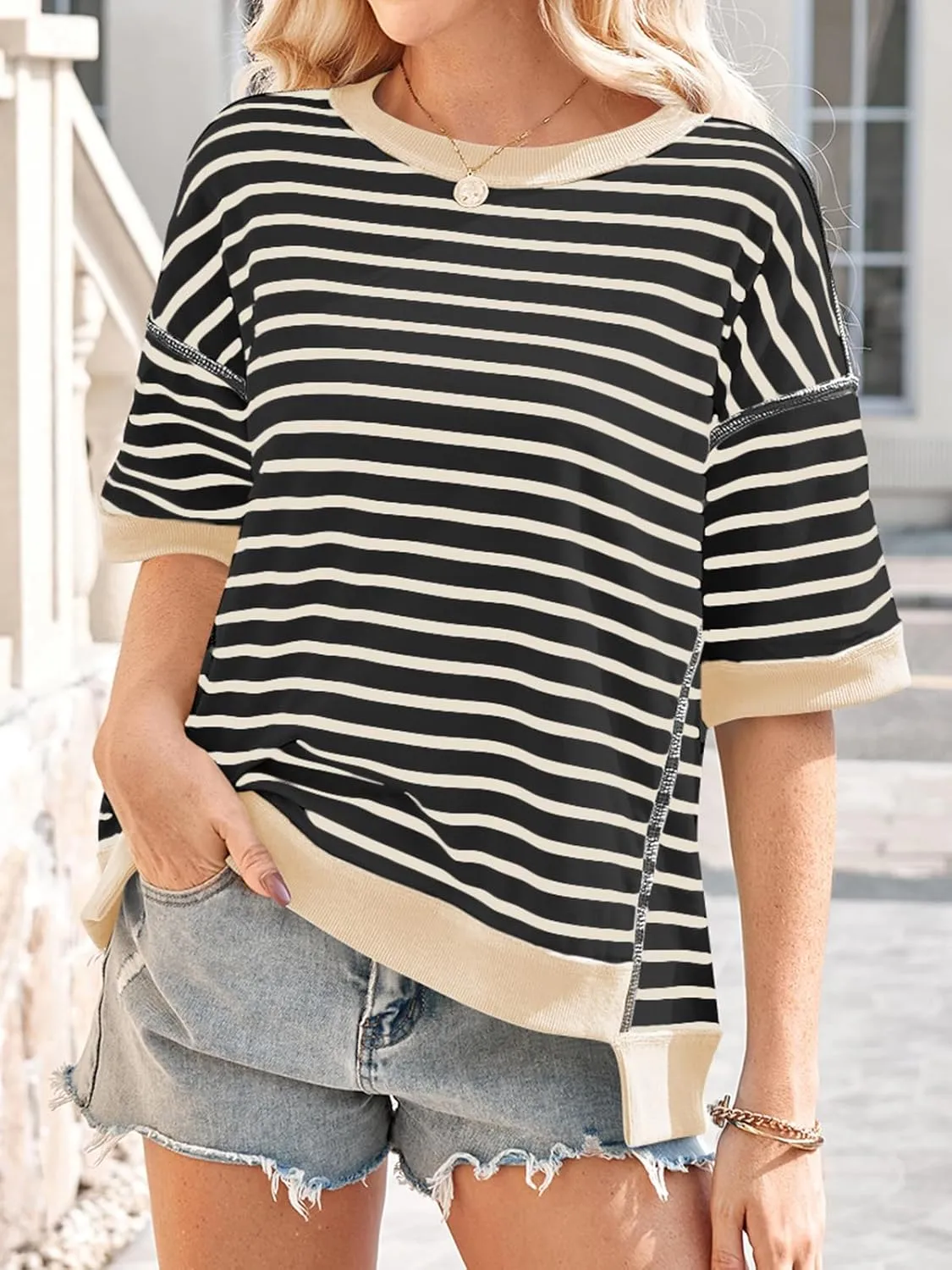 Poetsky Womens Oversized Tops Casual Short Sleeve Striped Shirts Summer Crewneck Pullover Sweatshirt Loose Blouses