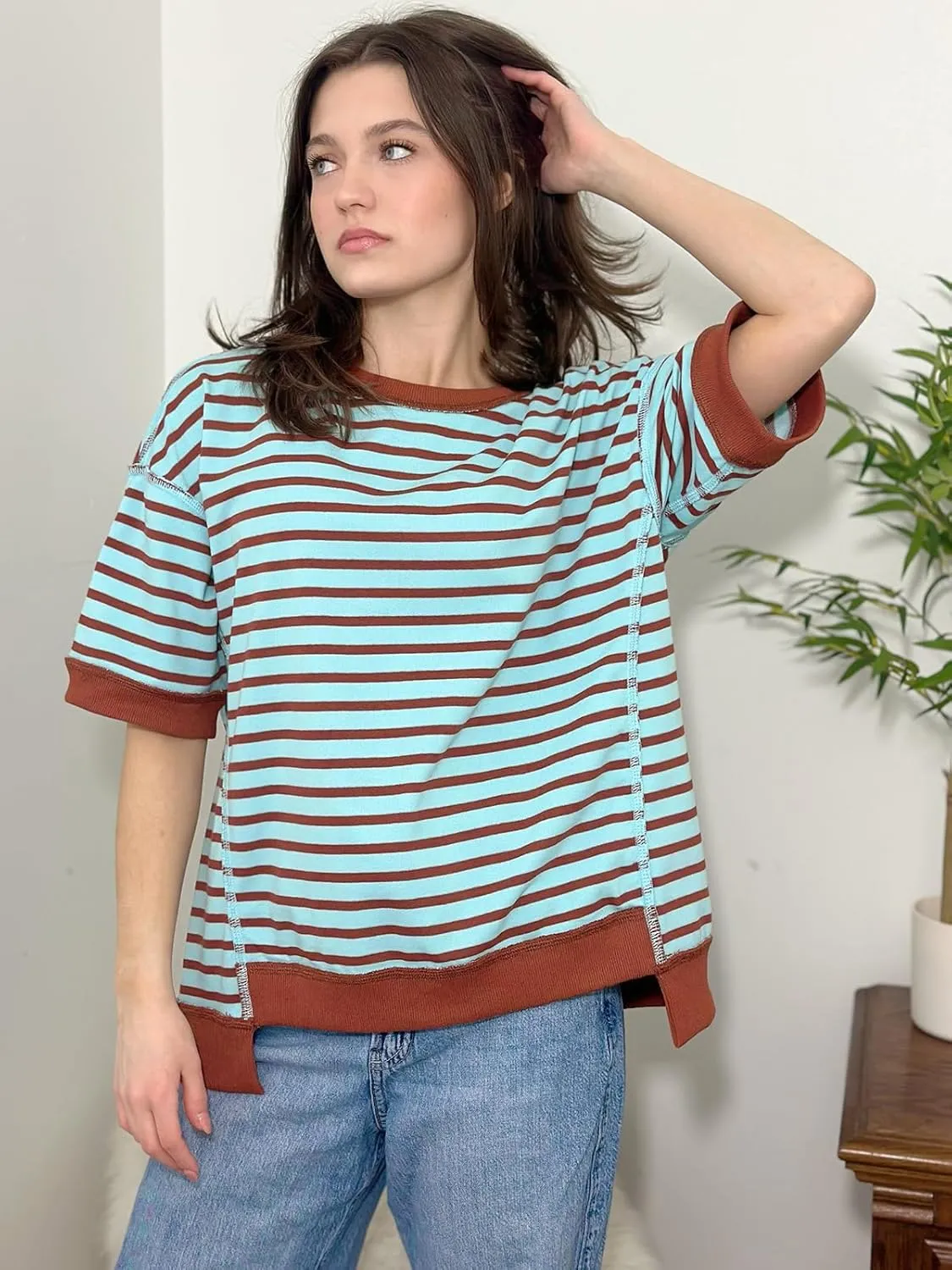 Poetsky Womens Oversized Tops Casual Short Sleeve Striped Shirts Summer Crewneck Pullover Sweatshirt Loose Blouses