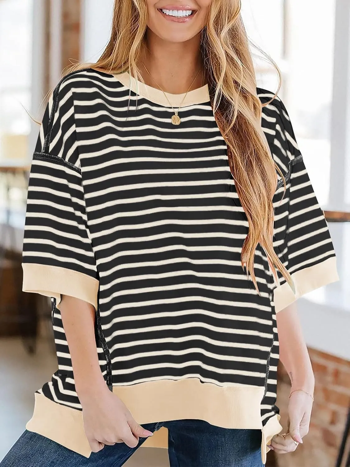 Poetsky Womens Oversized Tops Casual Short Sleeve Striped Shirts Summer Crewneck Pullover Sweatshirt Loose Blouses