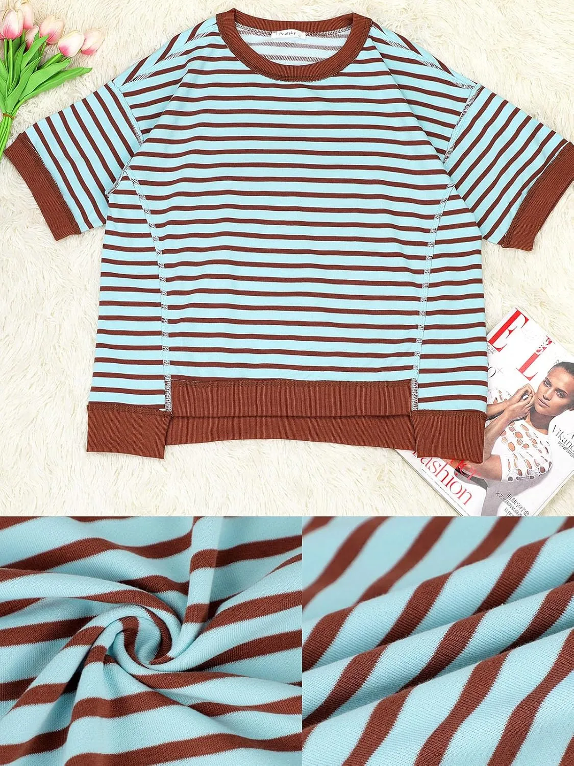 Poetsky Womens Oversized Tops Casual Short Sleeve Striped Shirts Summer Crewneck Pullover Sweatshirt Loose Blouses