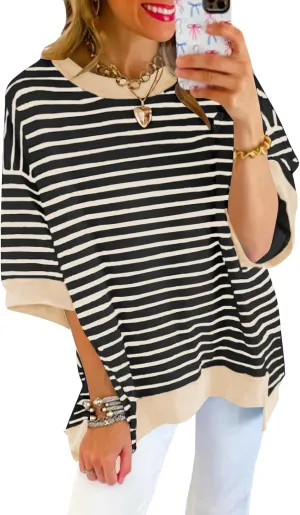 Poetsky Womens Oversized Tops Casual Short Sleeve Striped Shirts Summer Crewneck Pullover Sweatshirt Loose Blouses