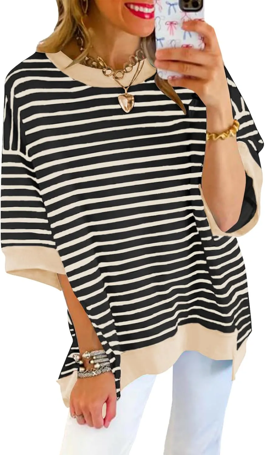 Poetsky Womens Oversized Tops Casual Short Sleeve Striped Shirts Summer Crewneck Pullover Sweatshirt Loose Blouses